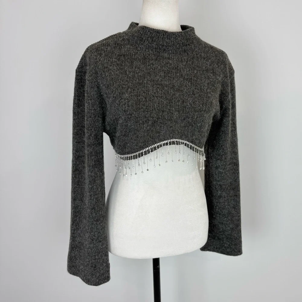 Zara grey cropped rhinestone fringed sweater - Picture 4 of 9